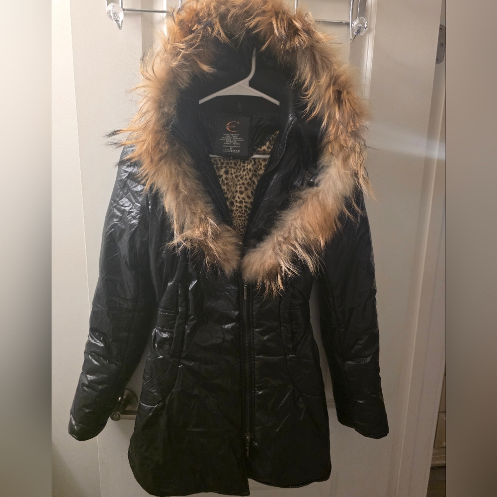 Just Cavalli Black Puffer with Faux Fur Trim